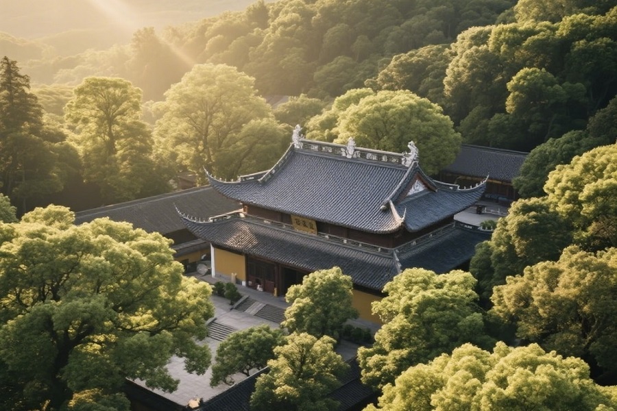 Traditional Chinese Buddhist hall of Lingyin Temple surrounded by dense green trees under soft golden sunrise glow