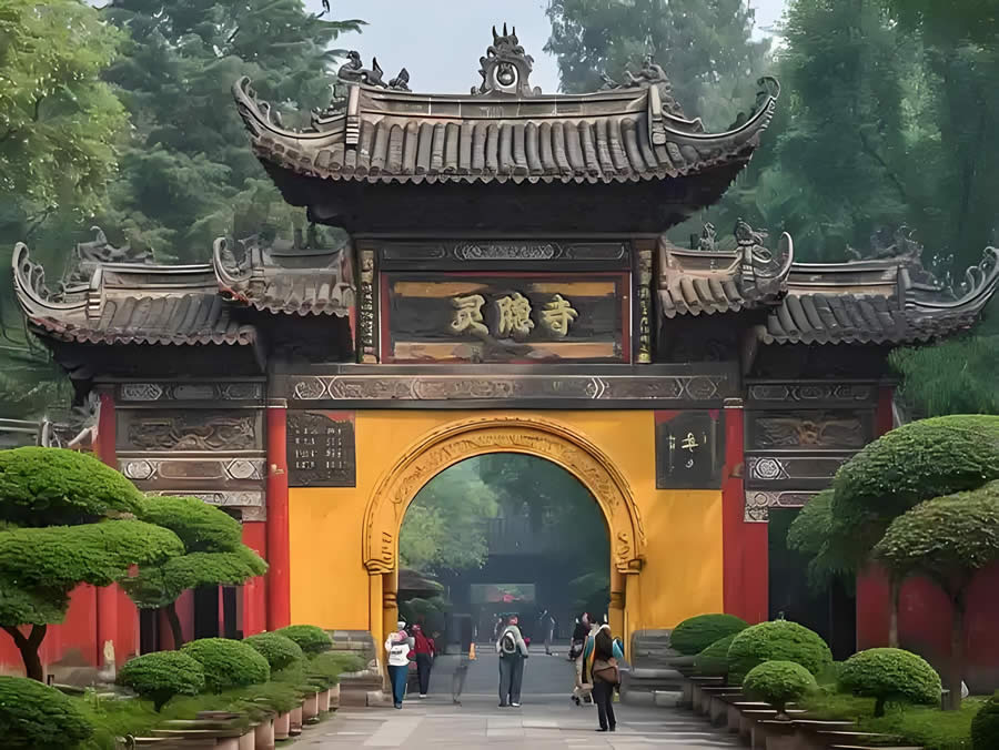 Lingyin Temple Lingyin Temple in Hangzhou representing profound ancient Buddhist cultural heritage surrounded by green mountains