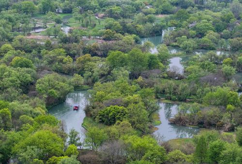 Xixi National Wetland Park in Hangzhou presenting the full panoramic view of crisscross water networks, dense green woods and unique urban wetland ecological landscape