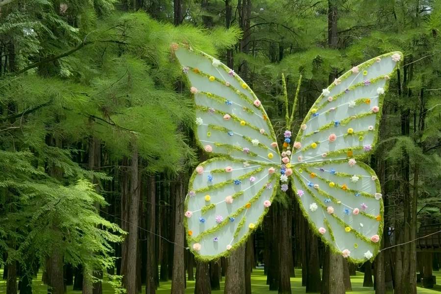 Giant floral butterfly art installation hanging among dense metasequoia trees at Lin'an Qingshan Lake aquatic forest, pastel fabric wings decorated with colorful small flowers, surrounded by fresh emerald green water fir foliage, dreamy fairy-tale wetland landscape