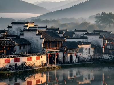 Classic white wall black tile Huizhou architecture by calm lake, mountain mist background, ancient Hui-style houses with perfect water reflection at dawn