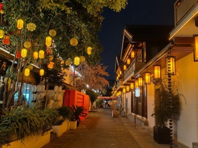 Night view of Dadou Road Historic Street Hangzhou, glowing lanterns and ancient canal buildings by Grand Canal