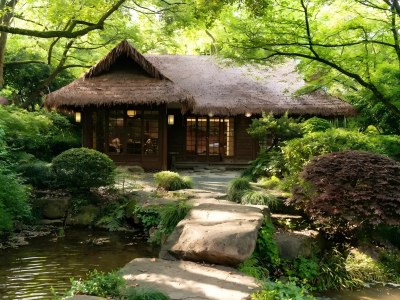 Tranquil tea house garden at Hangzhou Tea Museum